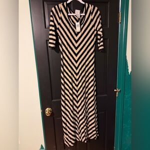 Calvin Klein black and tan striped V-neck maxi dress